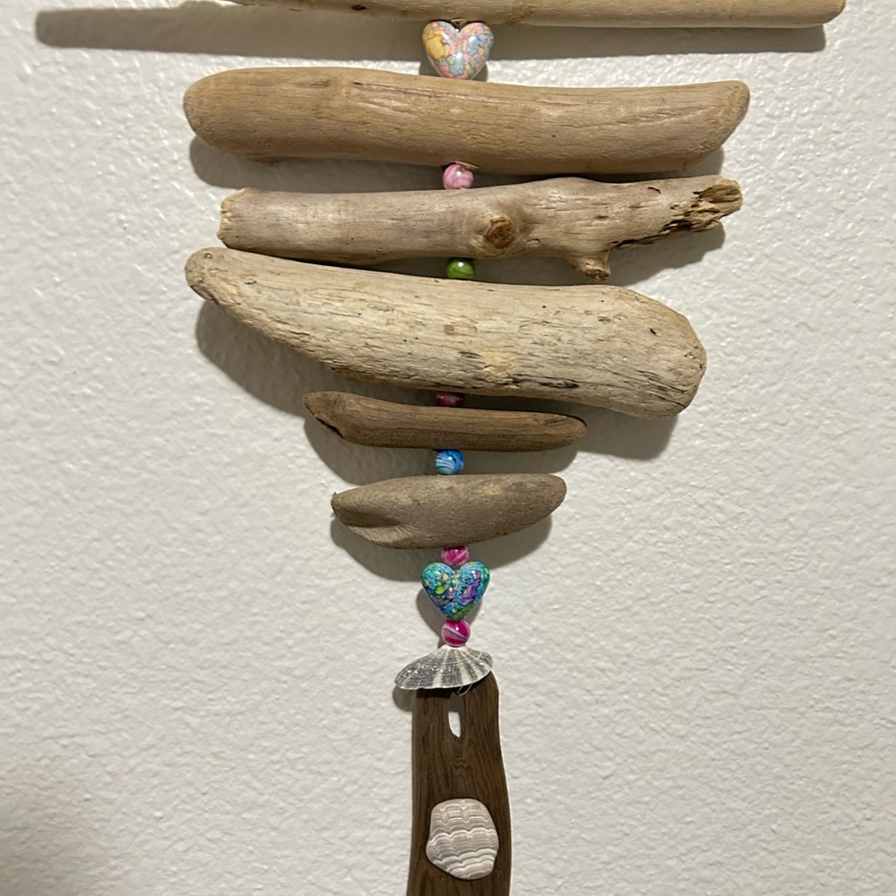 Mixed Media Art- driftwood and beads, with shell accents